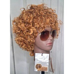 Curly Brown Rockstar Wig Gold Sunglasses Mustache Chain Rocker 80s Costume NEW